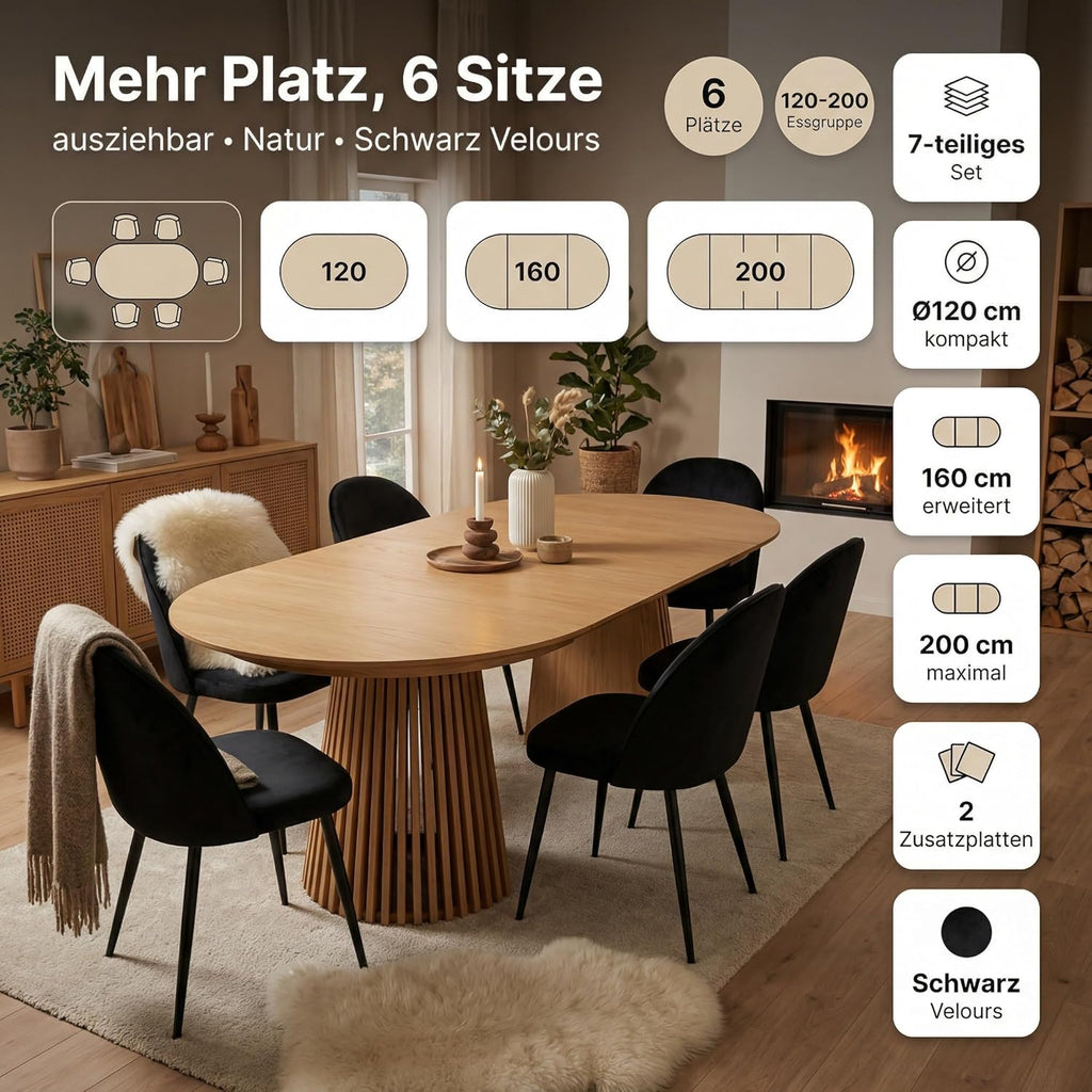 ebuy24 Mesa de comedor ovalada extensible - Juego de comedor Tokyo de 7 piezas para 6 personas, color natural, 120x120-160/200 cm, mesa con 6 sillas de terciopelo negro, conjunto de comedor, grupo de comedor, cocina comedor, muebles de comedor