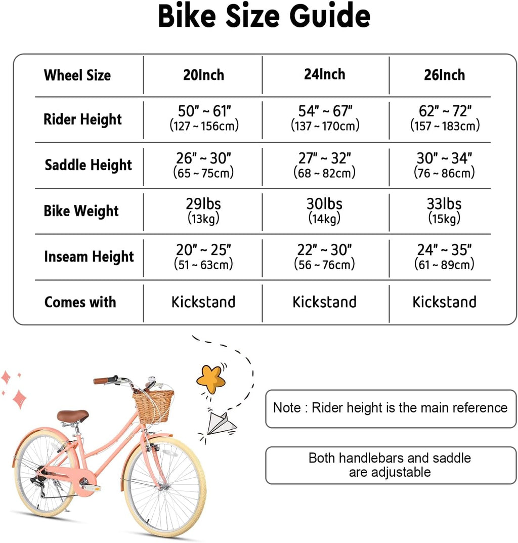 Glerc Missy 20, 24, 26 pulgadas bicicleta híbrida urbana tipo crucero para niñas, de 6 velocidades, con cesta de mimbre, para jóvenes mayores de 6 años, varios colores