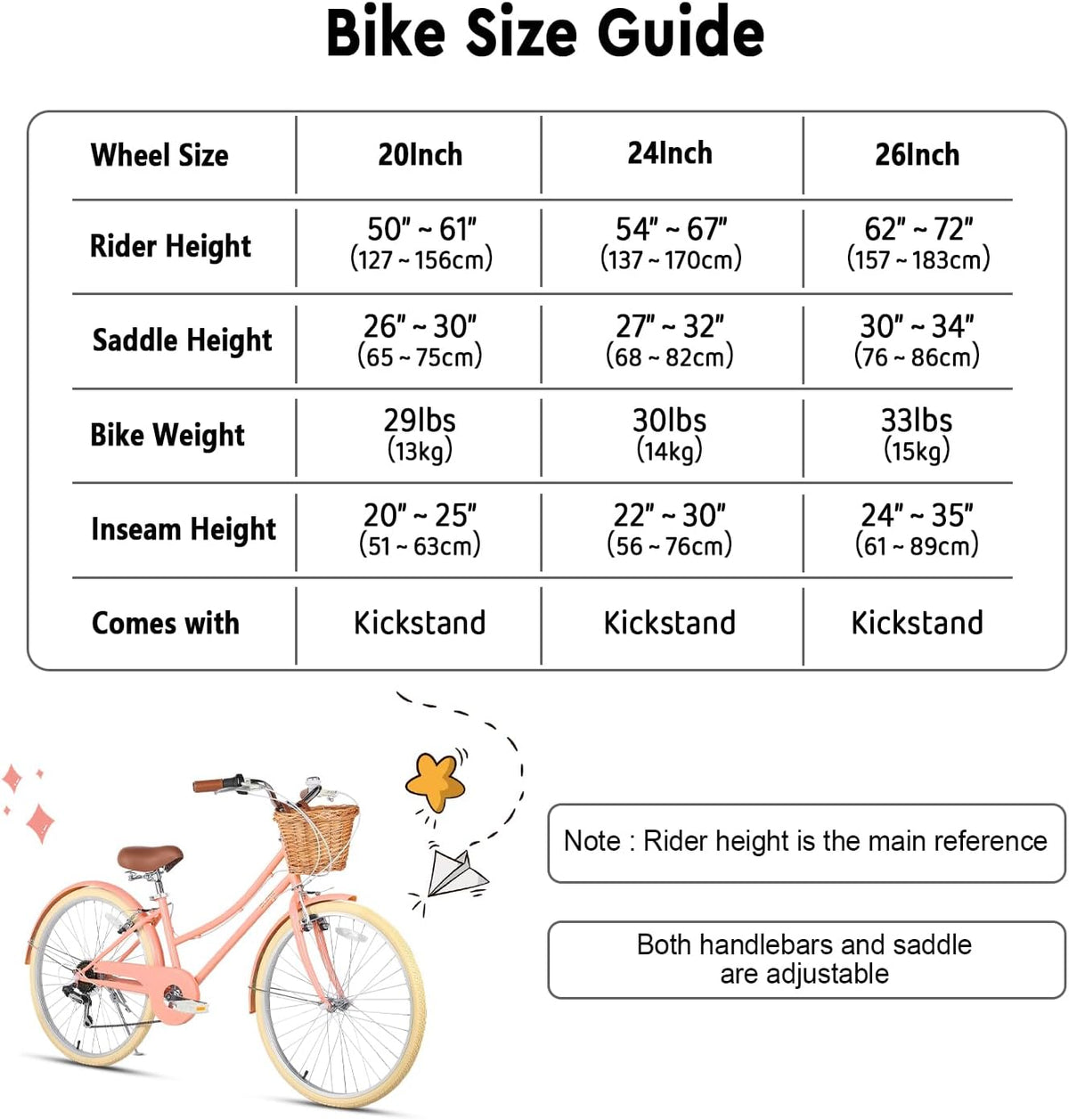 Glerc Missy 20, 24, 26 pulgadas bicicleta híbrida urbana tipo crucero para niñas, de 6 velocidades, con cesta de mimbre, para jóvenes mayores de 6 años, varios colores