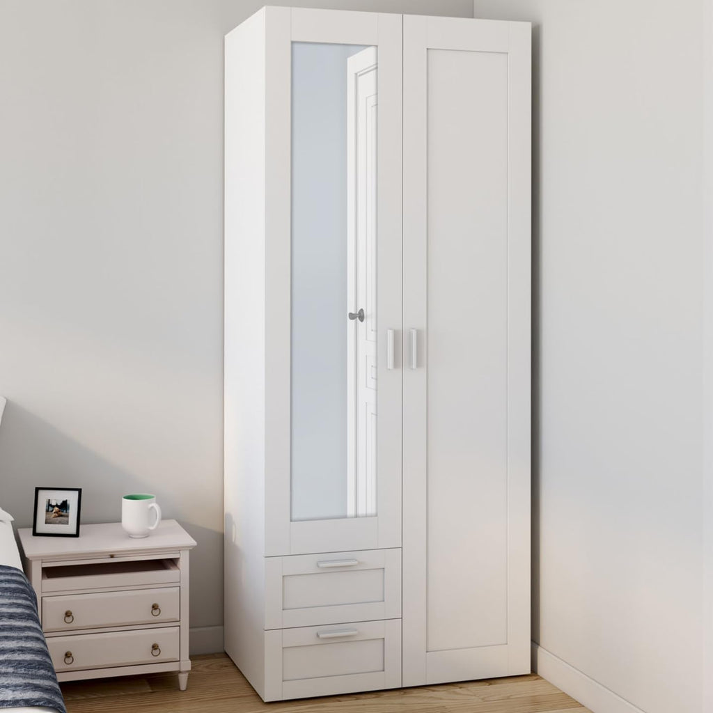 IDMarket - Armario VITO de 2 puertas blanco de 80 cm con 2 cajones, espejo y estantes