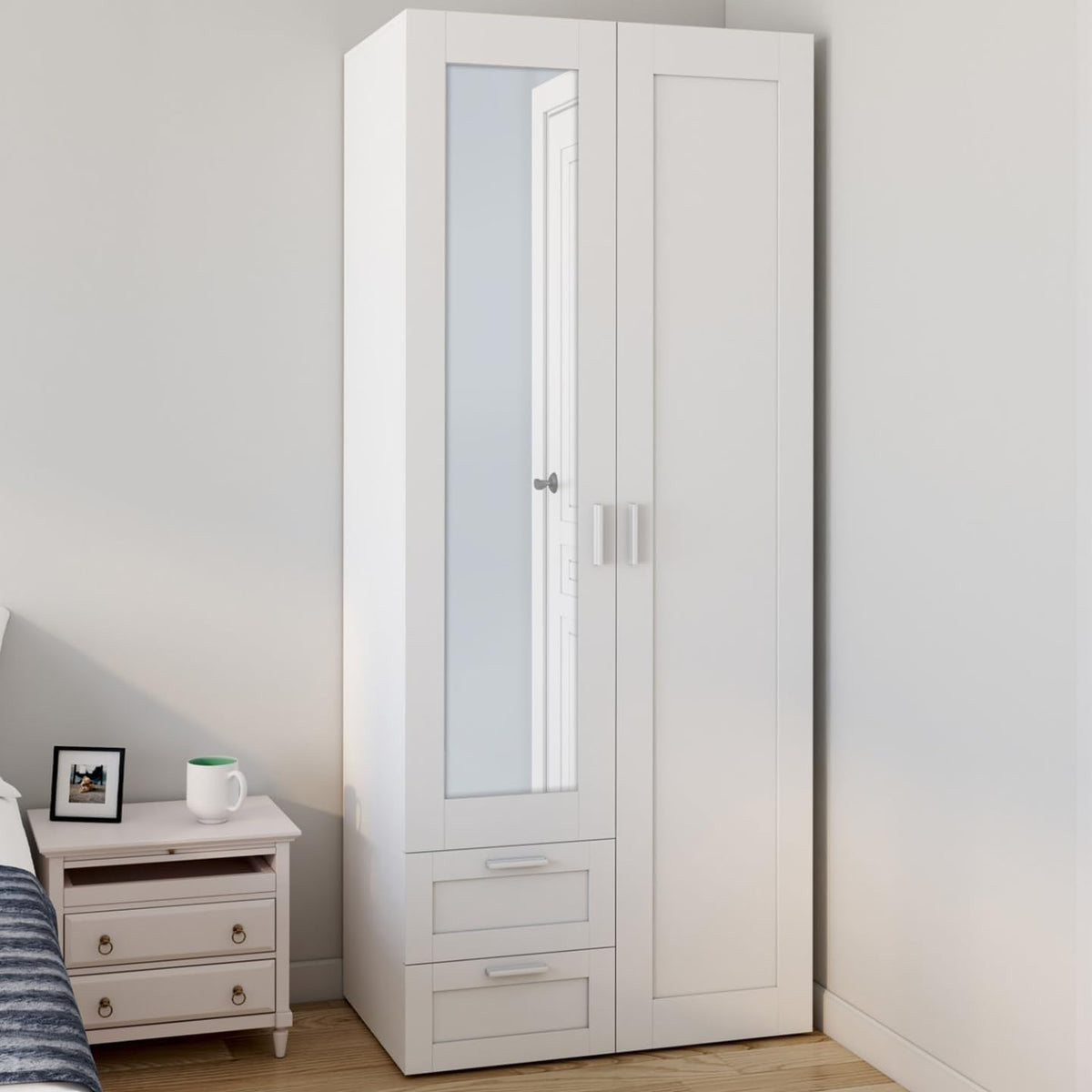 IDMarket - Armario VITO de 2 puertas blanco de 80 cm con 2 cajones, espejo y estantes