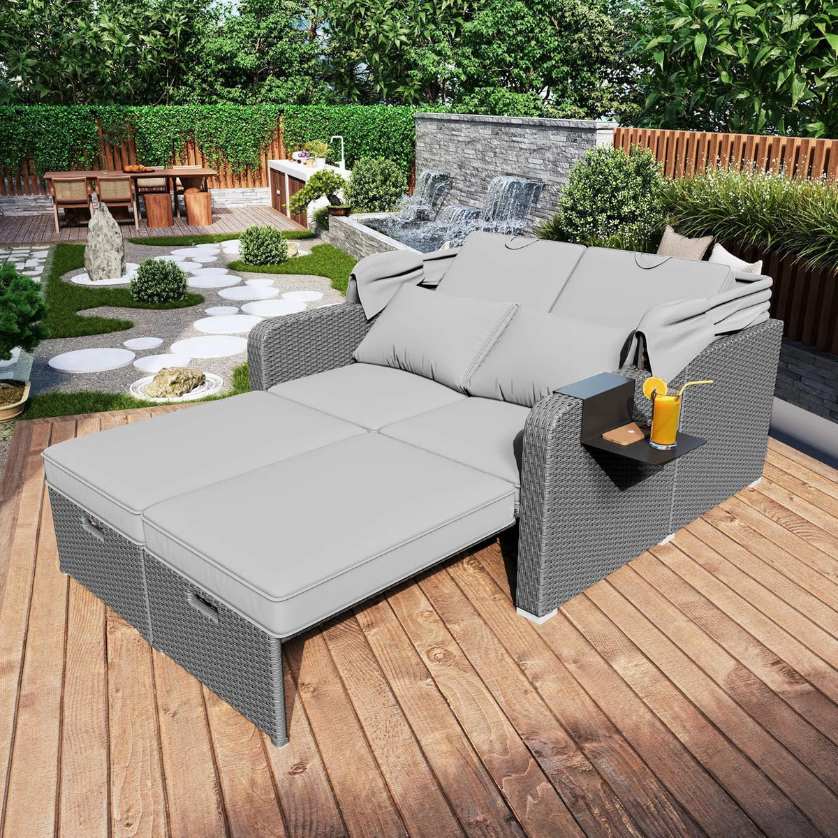 Sofá lounge de ratán sintético, sofá de jardín de dos plazas con función reclinable, tumbona de jardín con toldo extraíble, sofá lounge tipo cama de día con cojines, gris