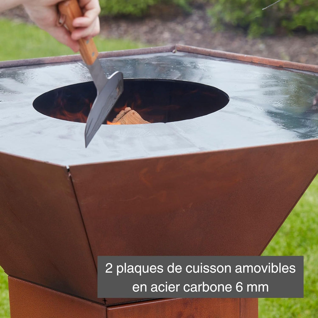 Barbacoa brasero Barbecook Nestor Original, barbacoa de leña para exteriores con plancha, mesas auxiliares y parrilla elevada de acero corten, 128x120x120cm