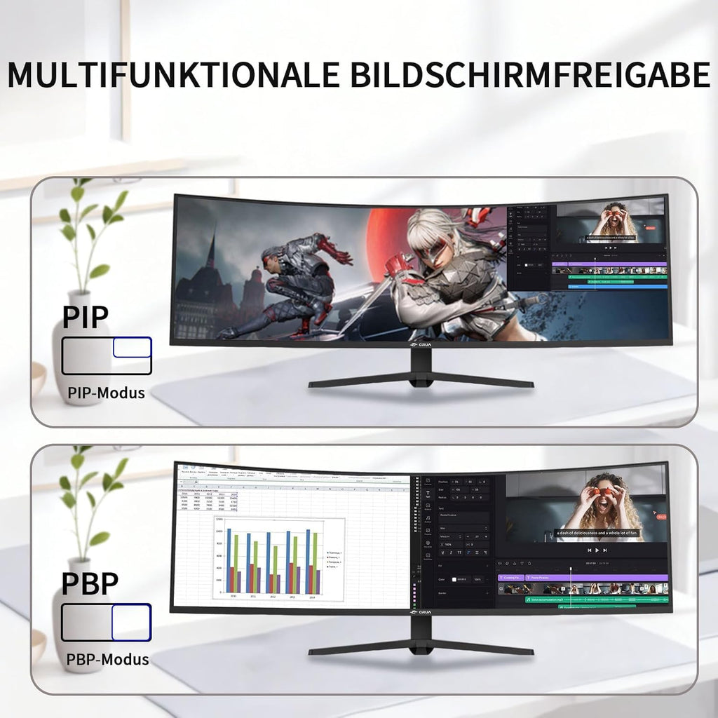 Monitor Gaming Curvo CRUA de 49" Ultra-Wide 32:10 DFHD 3840x1080, 165Hz/144Hz, 1500R, AMD FreeSync, 120% sRGB, HDR10, Ajustable en Altura, HDMI 2.0 * 2 y DP * 2, Montaje en Pared – Negro