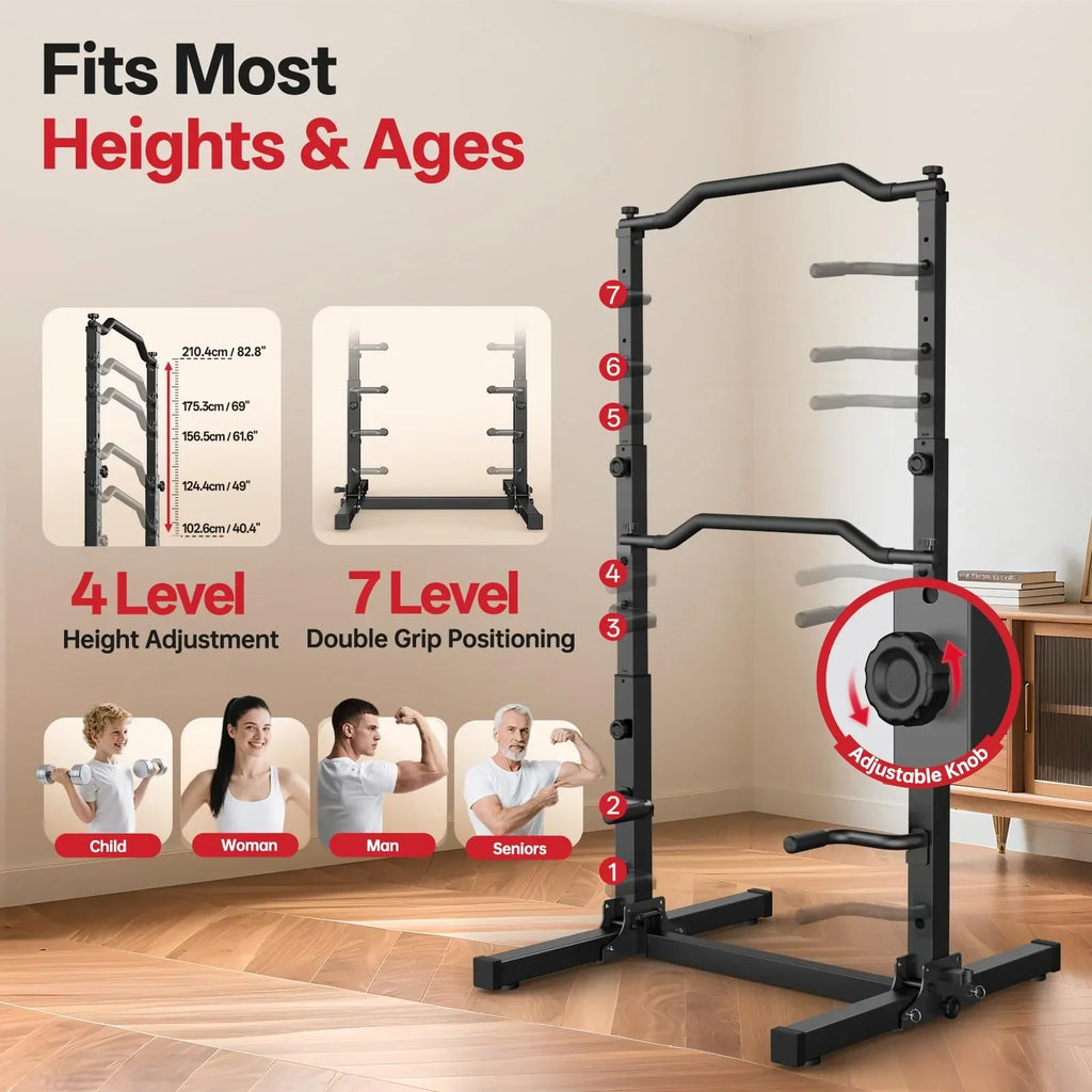 Torre de musculación JU30 5 en 1, estación de dominadas y fondos, ajustable en altura, plegable, capacidad de carga de 204 kg, 112 × 105 × 210 cm