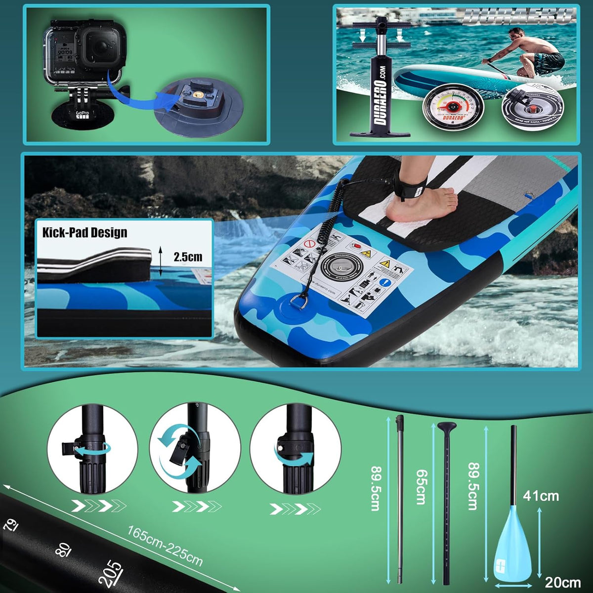 Tabla de paddle surf inflable con asiento de kayak, 330 x 76 x 15 cm, hasta 150 kg, almohadilla integrada, aleta desmontable, remo doble ajustable, kit de reparación, camuflaje azul
