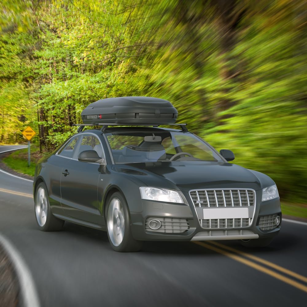 Cofre de techo Rotenbach, negro, 400 litros, para transporte en barras portaequipajes con fijación rápida