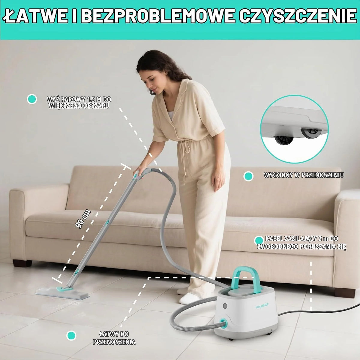 HAUSHOF Myjka parowa 2000 W, ze zbiornikiem 1,5 l, maks. ciśnienie pary 4 ,0 bar, czas nagrzewania 8 min, czas parowania do 30 min, w zestawie 16 akcesoriów i kabel zasilający 3 m, do podłóg, dywanów