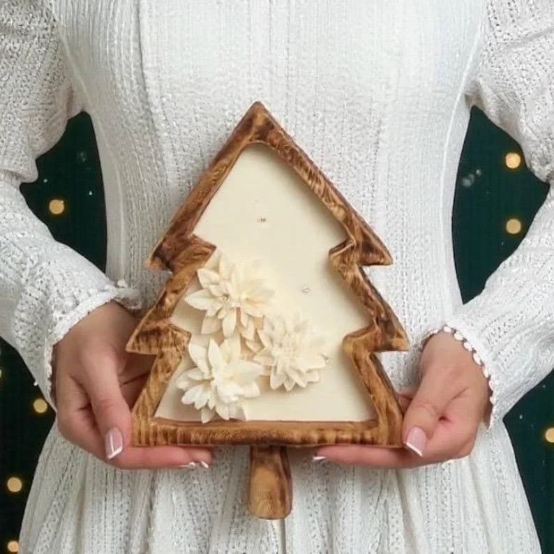 Cuenco de madera en forma de árbol de Navidad con copos de nieve o flor de Pascua, vela de soja, 100% cera de soja natural, mechas de madera, 26 cm x 19 cm