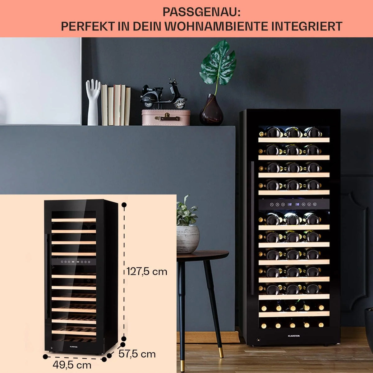 Klarstein Chłodziarka do wina wolnostojąca, Mała wąska lodówka na napoje, 2 strefy, chłodziarka ze szklanymi drzwiami, Beersafe Indoor/Outdoor, Mała lodówka z oświetleniem LED, 5-18°C, 73 butelki