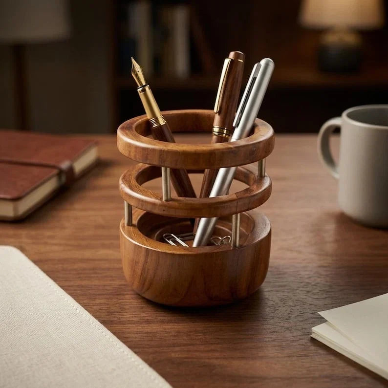Portalápices de madera de teca, organizador de escritorio hecho a mano, diseño redondo, 9,5 cm de diámetro, oficina y hogar