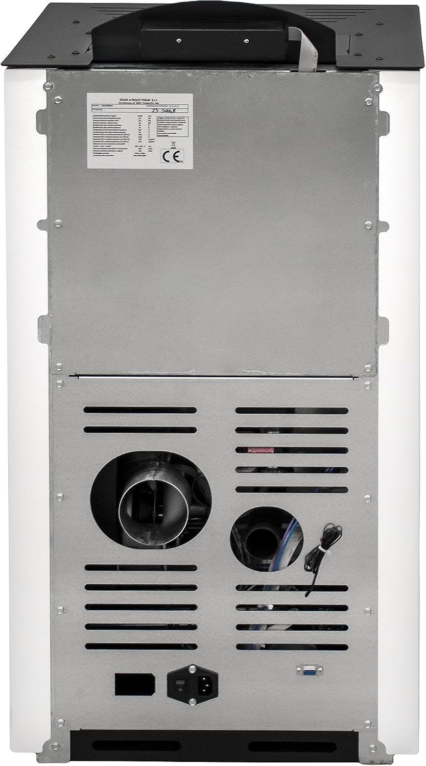 STUFE A PELLET ITALIA California 8 kW, wydajność, 91% ogrzewanie, 70 m², czas pracy 20 h, programowalny 5 prędkości i mocy, kompaktowa konstrukcja, 24 miesiące, biały