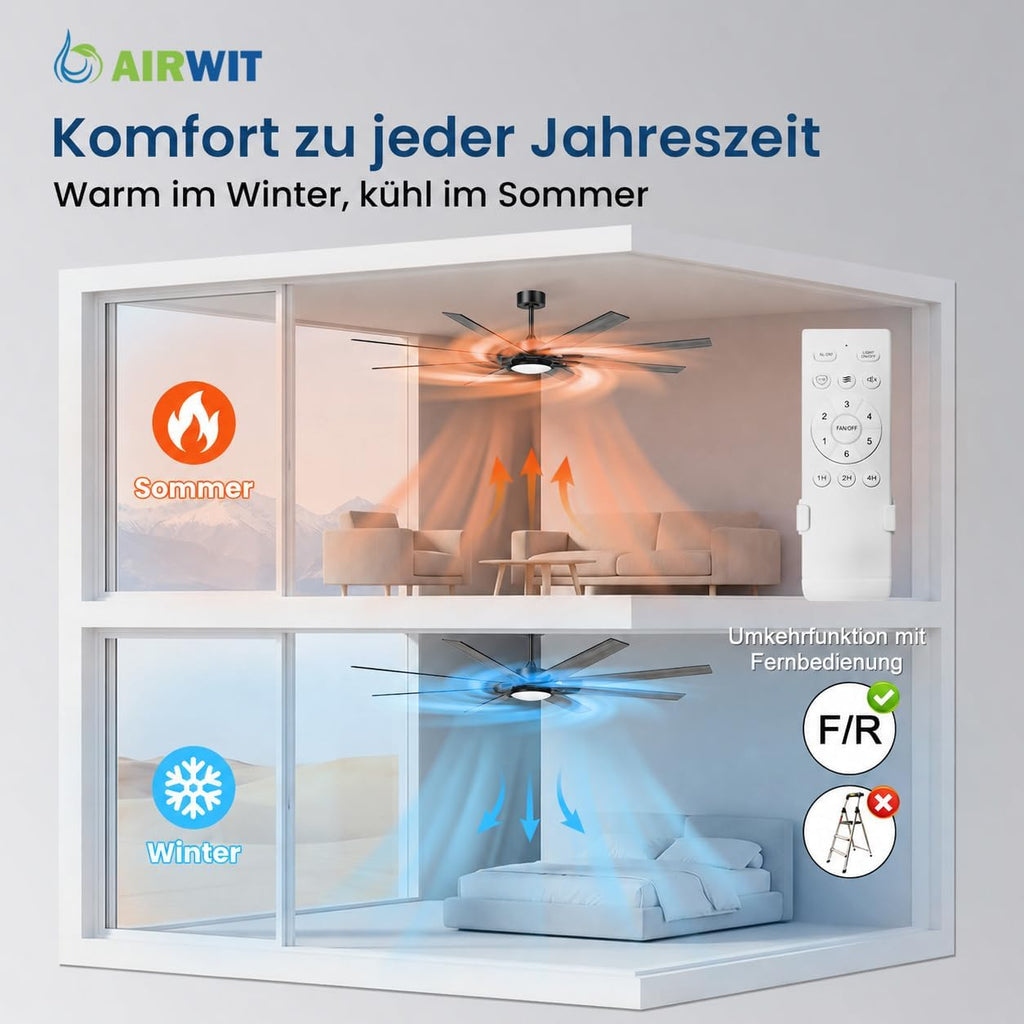 Ventilador de techo Airwit de 183 cm con luz, extra grande, de madera compuesta para exteriores, silencioso, con mando a distancia, lámpara con ventilador para terraza, industrial, habitaciones grandes