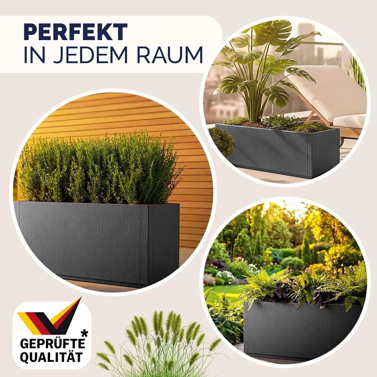 Jardinera Ethica, set de 4 unidades, 80 L, 80x36x35 cm, macetero de plástico con base de drenaje, resistente a las heladas