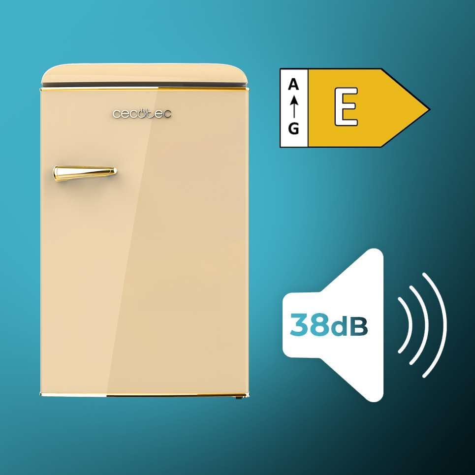 Mini frigorífico retro Cecotec Bolero CoolMarket TT Origin 110 Beige E. Mini frigorífico retro con capacidad de 110L, Clase E, compartimento congelador, luz LED interior, tirador cromado, bandejas de cristal.
