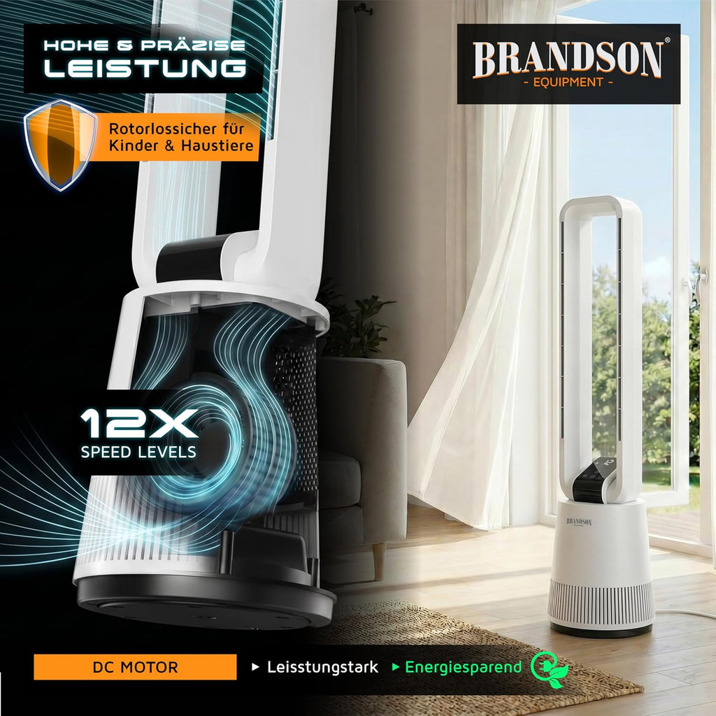 Brandson - Ventilador de torre DC ECO Line - Motor DC muy silencioso - Modo sueño - Con mando a distancia - 3 modos - Oscilación - Eficiencia energética - Para dormitorio, oficina, salón, habitación infantil