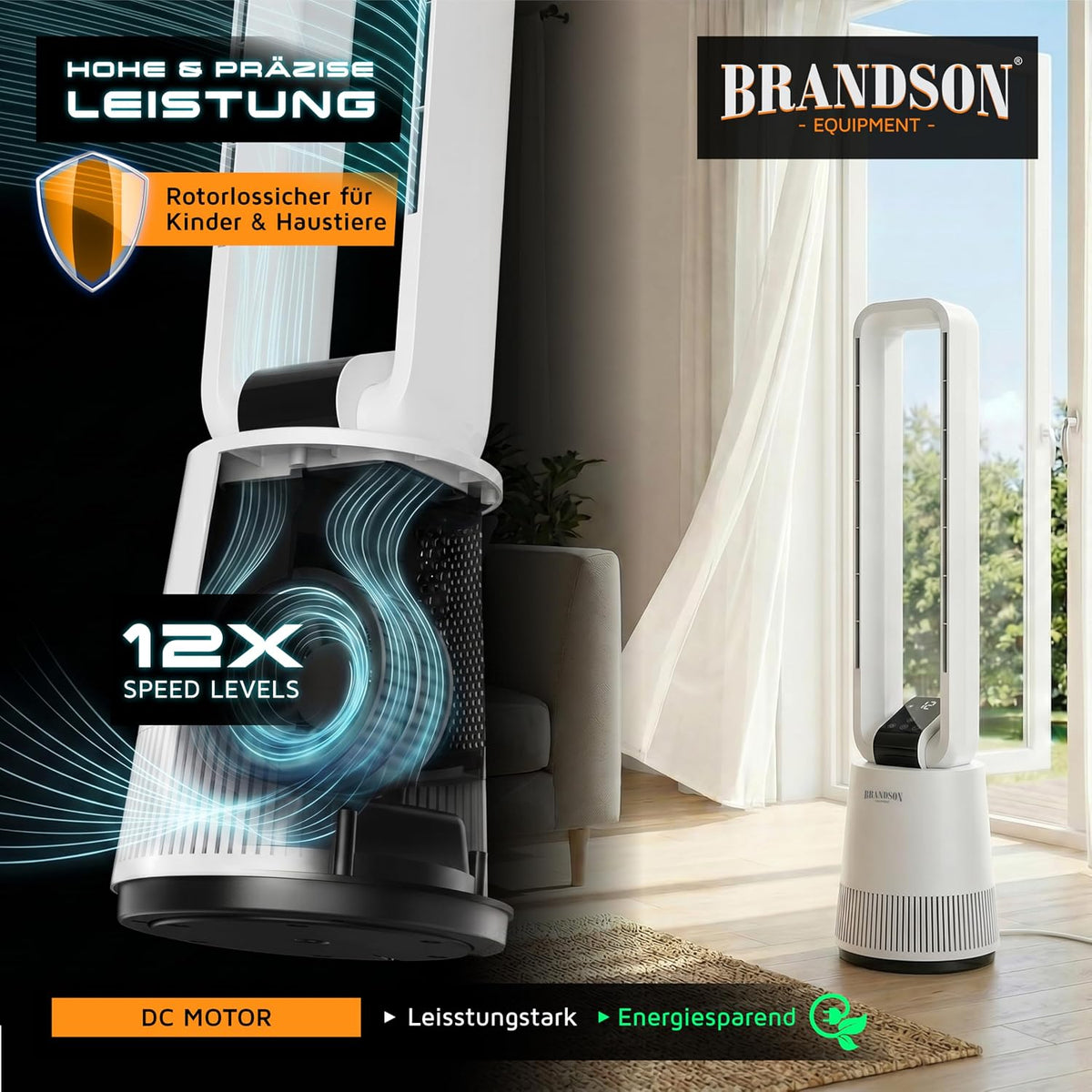 Brandson - Ventilador de torre DC ECO Line - Motor DC muy silencioso - Modo sueño - Con mando a distancia - 3 modos - Oscilación - Eficiencia energética - Para dormitorio, oficina, salón, habitación infantil