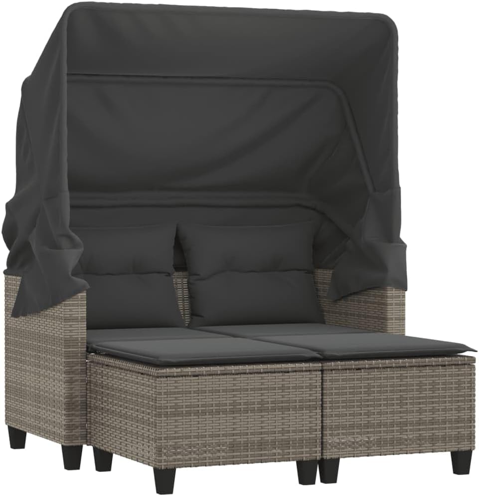 Sofá de jardín de 2 plazas vidaXL con techo y reposapiés, sofá de exterior, muebles de jardín, conjunto de salón para patio, muebles de terraza para dos personas, poliratán gris