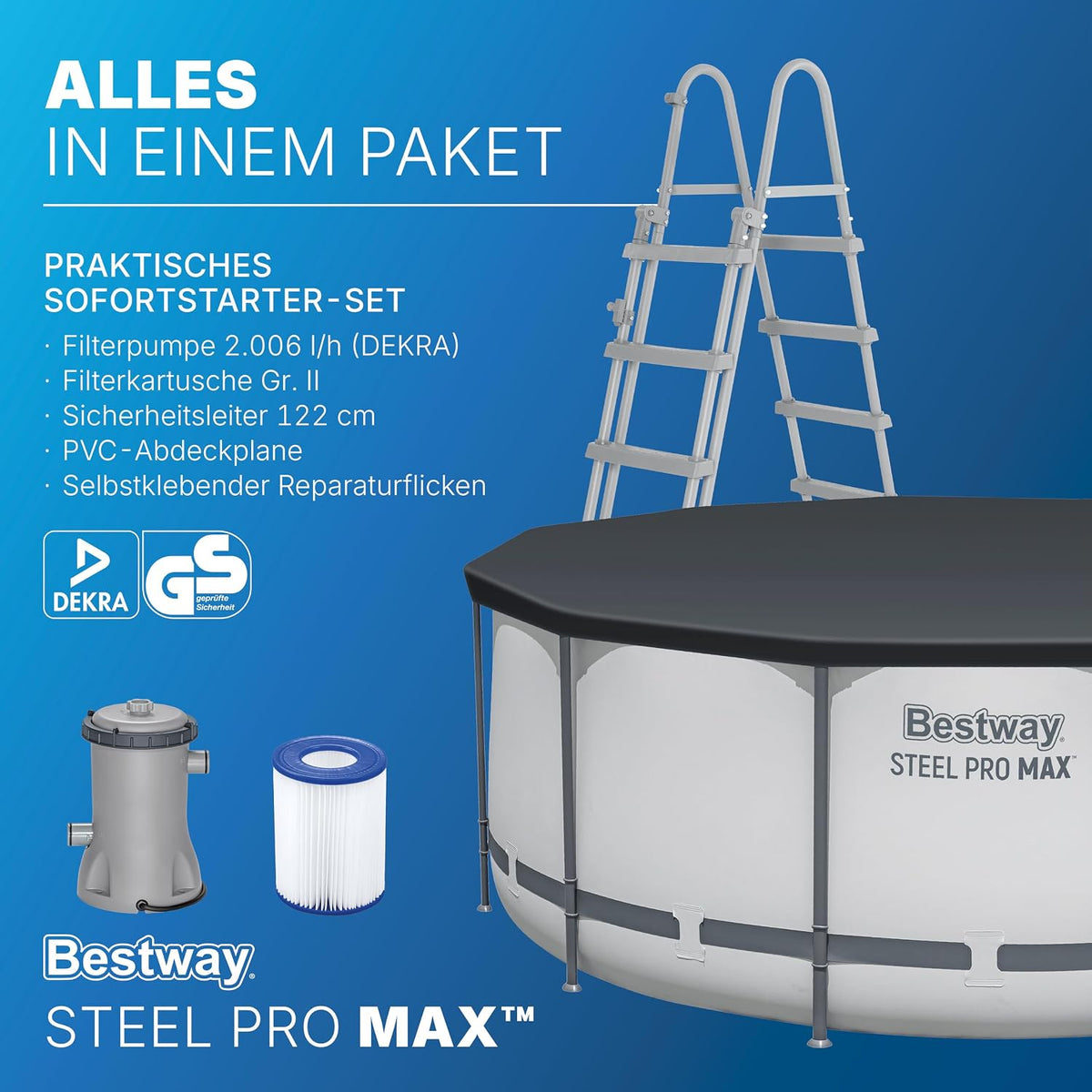 Set de piscina elevada  Bestway® Steel Pro MAX™ con bomba de filtrado, Ø 366 x 122 cm, gris claro, redonda