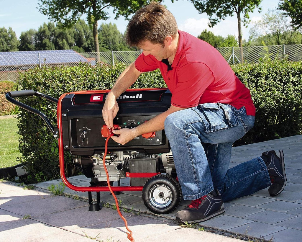 Generador eléctrico (gasolina) Einhell TC-PG 55/E5 (potencia máxima de 5500 W, potencia continua máx. de 5000 W, depósito de 25 l, motor de 4 tiempos, 2x 230 V, 1x 400 V, protección contra bajo nivel de aceite)