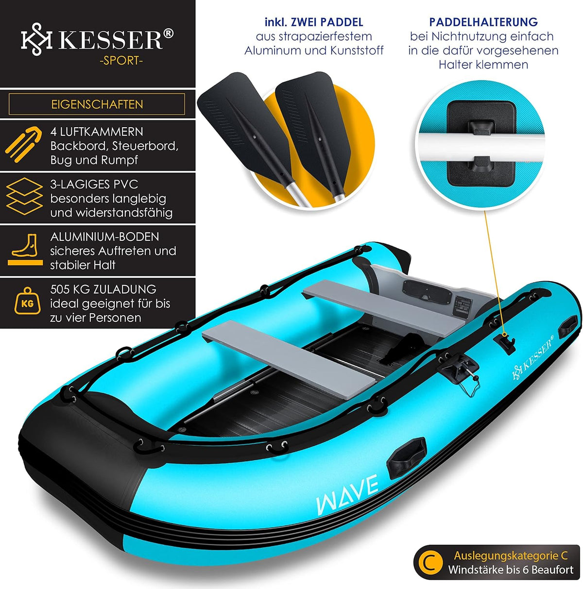 KESSER® Bote neumático Wave 230-320 cm Set de 6 piezas inflable – Bote + banco, bomba de aire, remos, kit de reparación, bolsa, bote de pesca, bote de remos pequeño y grande - compatible con motor, apto para agua salada