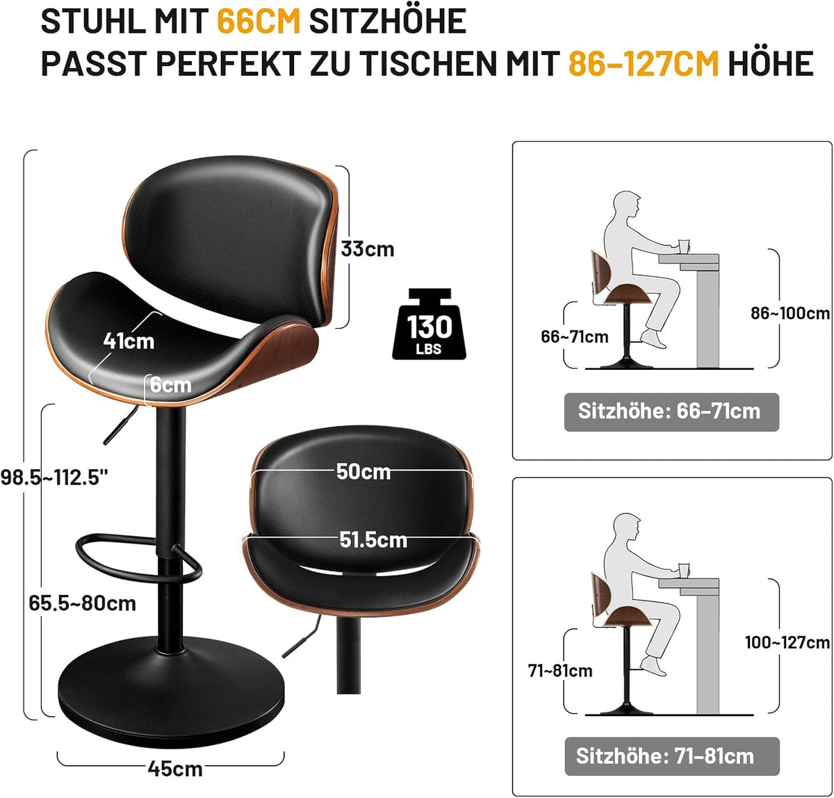 Set de 2 taburetes de bar, silla de bar ajustable en altura de piel sintética y madera maciza, silla giratoria 360° con respaldo y reposapiés para cocina, sala de estar, comedor, bar, negro