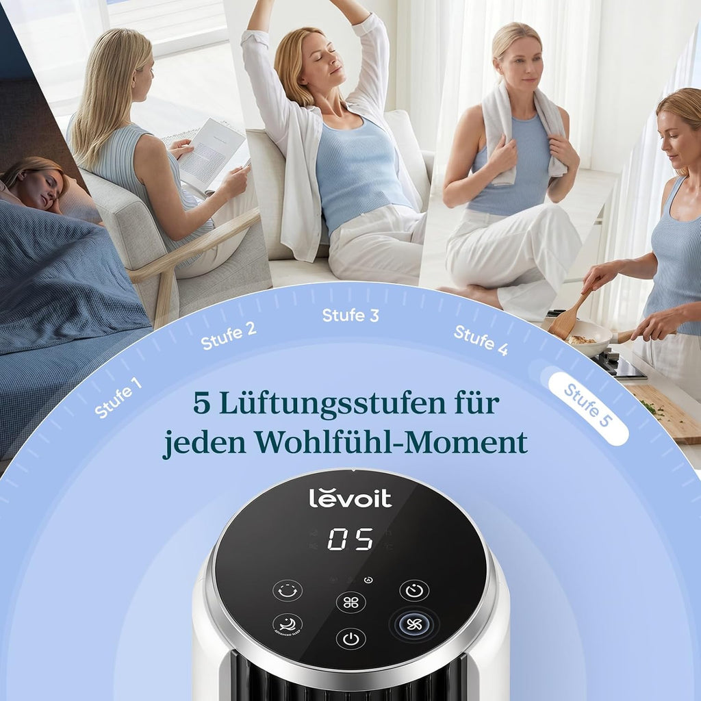 Ventilador de torre Levoit con modo de suspensión avanzado, silencioso, temporizador de 12 horas, 4 modos, 5 velocidades, modo automático con sensor, oscilación, mando a distancia, blanco, 92 cm