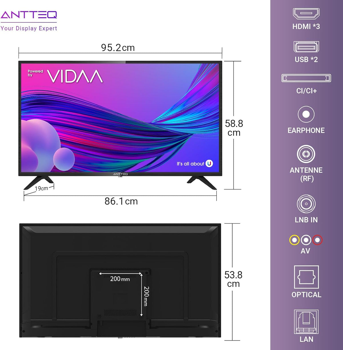 Televisor AV42F3 de 42 pulgadas (106 cm) Full HD Smart TV con triple sintonizador HD (DVB-C/-S2/-T2), App Store, Netflix, Prime Video, Rakuten TV, DAZN, YouTube, y mucho más, WiFi, modo hotel