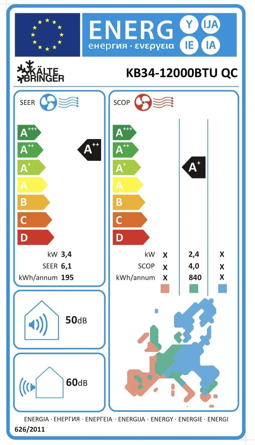 Aire acondicionado Split Kältebringer Quick Connect - 12000 BTU (3,4 kW) con función de calefacción, WiFi y App, hasta 91 m², muy silencioso - tubería de cobre de 5 m, refrigerante R32, material de montaje, soporte de pared