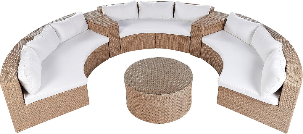 Set de salón Beliani de 9 plazas de ratán arena beige, redondo, con cojines blancos y mesa de centro Severo