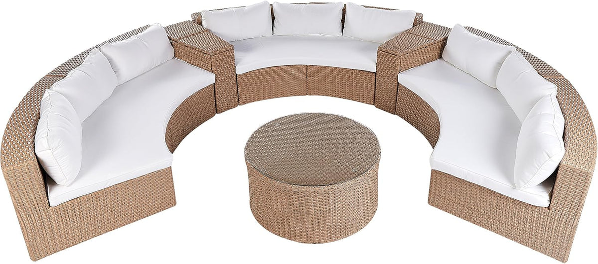 Set de salón Beliani de 9 plazas de ratán arena beige, redondo, con cojines blancos y mesa de centro Severo