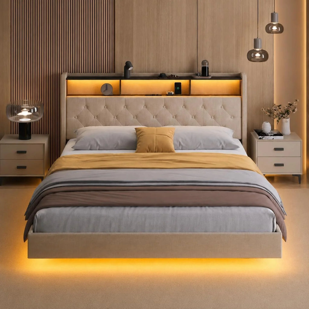 Xbro Łóżko tapicerowane 160 x 200 cm z oświetleniem LED i stacją ładującą (USB/gniazdko), pływający wygląd, tapicerowany zagłówek ze schowkiem, stelaż listewkowy, beżowe (bez materaca)