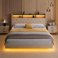 Xbro Łóżko tapicerowane 160 x 200 cm z oświetleniem LED i stacją ładującą (USB/gniazdko), pływający wygląd, tapicerowany zagłówek ze schowkiem, stelaż listewkowy, beżowe (bez materaca)