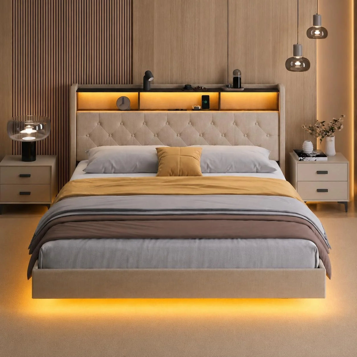 Xbro Łóżko tapicerowane 160 x 200 cm z oświetleniem LED i stacją ładującą (USB/gniazdko), pływający wygląd, tapicerowany zagłówek ze schowkiem, stelaż listewkowy, beżowe (bez materaca)