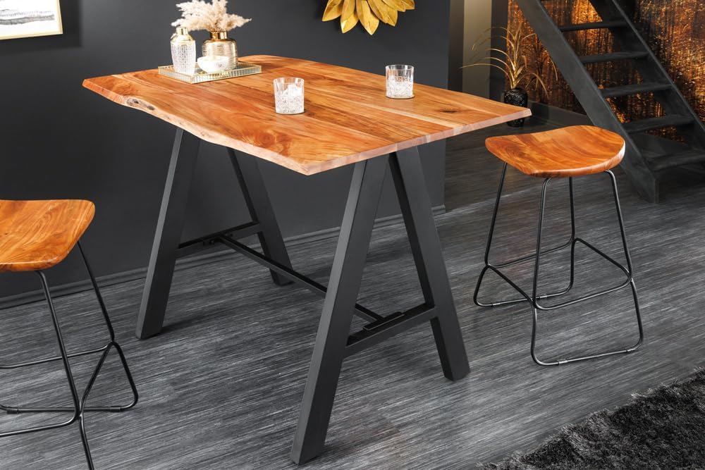 Mesa de bar de madera maciza Riess Ambiente Mammut 120 cm, acacia natural con borde vivo, metal negro con reposapiés, mesa de cocina, mostrador de cocina, mesa alta rectangular