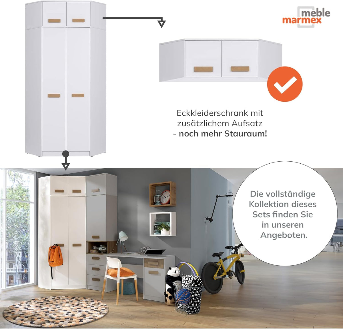 Marmex Grant G8+G15 - Armario esquinero 91x235x91 cm, estantería - armario esquinero con barras para ropa y estantes para habitación juvenil, dormitorio - armario rinconero - blanco + roble Riviera