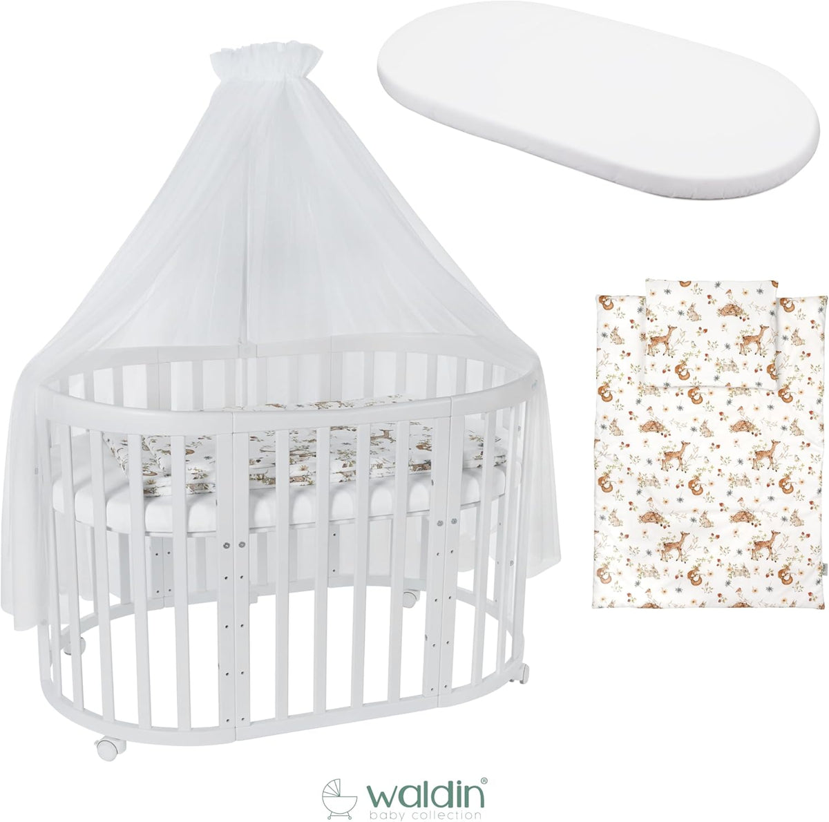 Cuna ovalada evolutiva Waldin, set completo 7 en 1, cuna de barrotes, cama infantil con colchón, cambiador, cuna colecho, madera blanca
