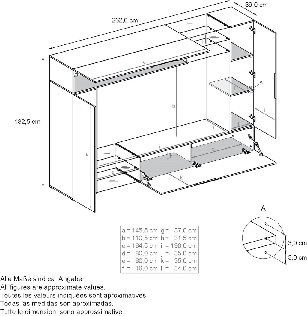 Mueble de salón Vladon Mirage, fabricado en Alemania, mueble mural con panel trasero, 2 puertas, 2 puertas abatibles y 6 estantes de cristal abiertos, blanco mate/crema de alto brillo (262 x 183 x 39 cm)