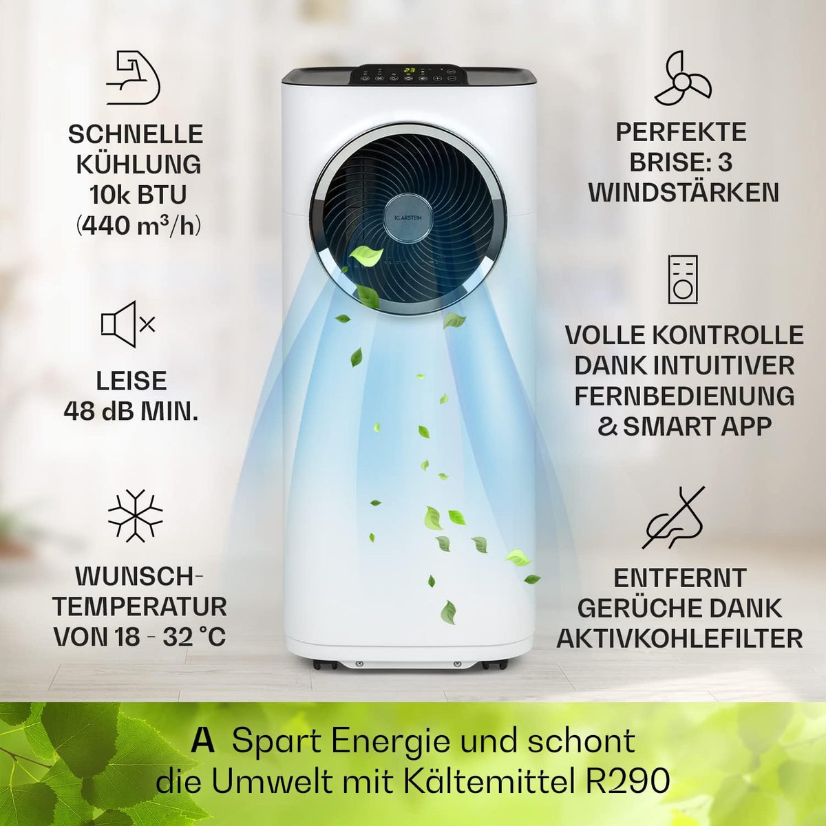 Acondicionador de aire portátil Klarstein con manguera de escape, unidad de climatización 5 en 1, ventilador, deshumidificador, purificador de aire y modo nocturno, control por aplicación, pequeño y portátil, para hogar y oficina, 12000 BTU