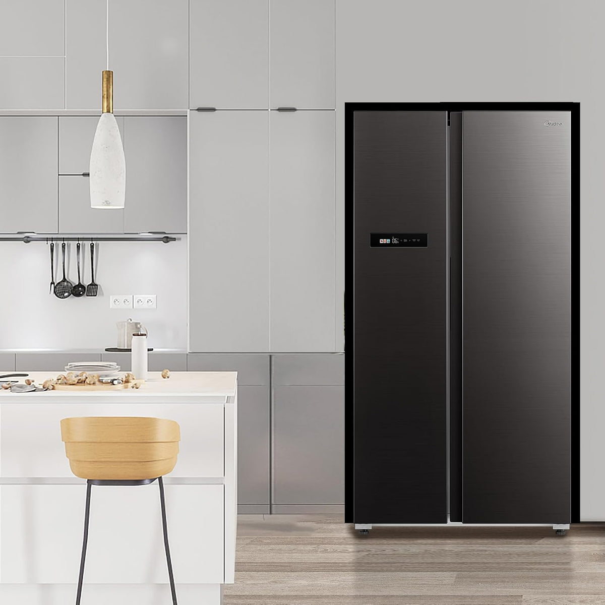 Midea KS-DDX 6.32 WT Frigorífico americano / 178,8 cm de altura / 254 kWh/año / No Frost / Compresor Dual Inverter / con dispensador de agua/hielo 3 en 1 y depósito de agua, Dark Inox