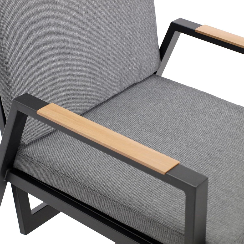 Sillón de jardín DEGAMO Bilbao con respaldo alto, aluminio resistente a la intemperie color antracita, reposabrazos con efecto madera, reclinable sin niveles, cojines grises, resistente a la intemperie, exterior