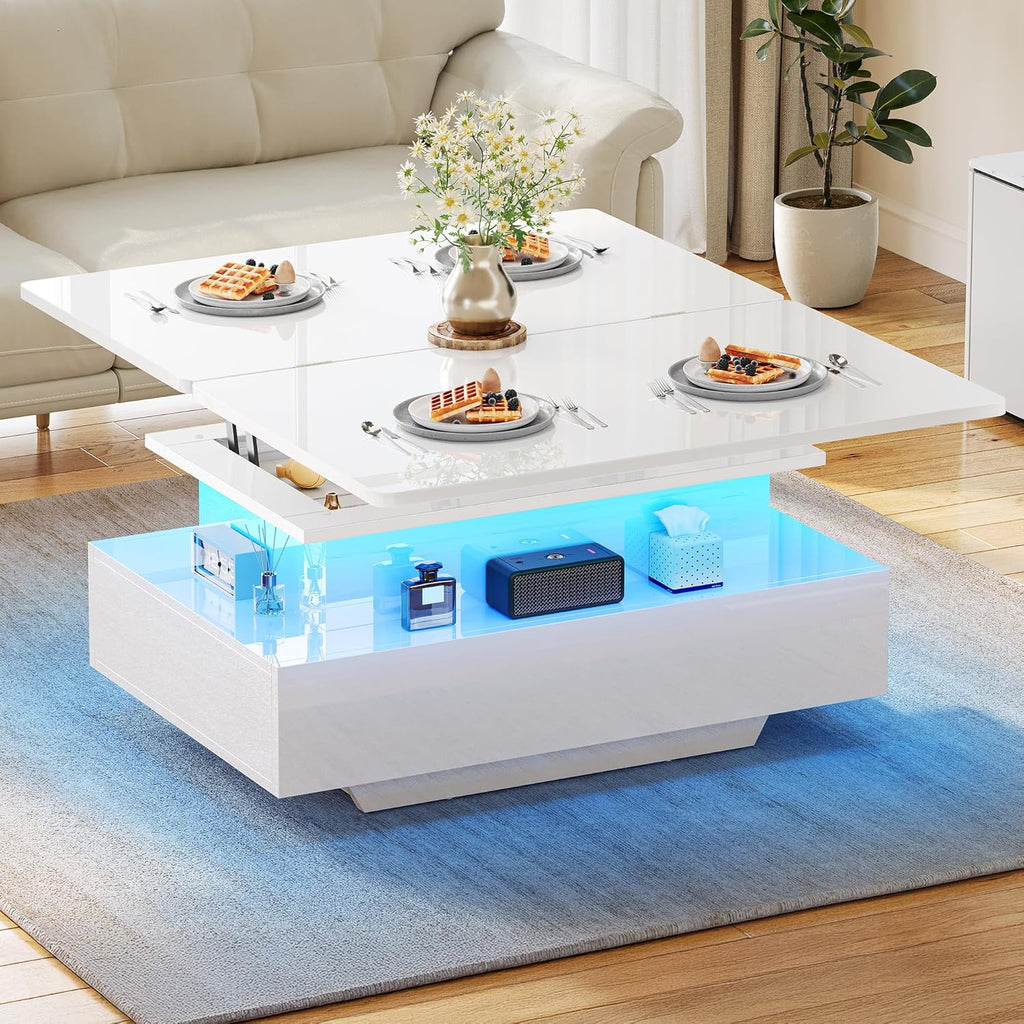 Mesa de centro elevable YITAHOME, mesa de salón de alto brillo con 2 cajones y LED, mesa de centro con compartimento oculto, mesa de café convertible en mesa de comedor
