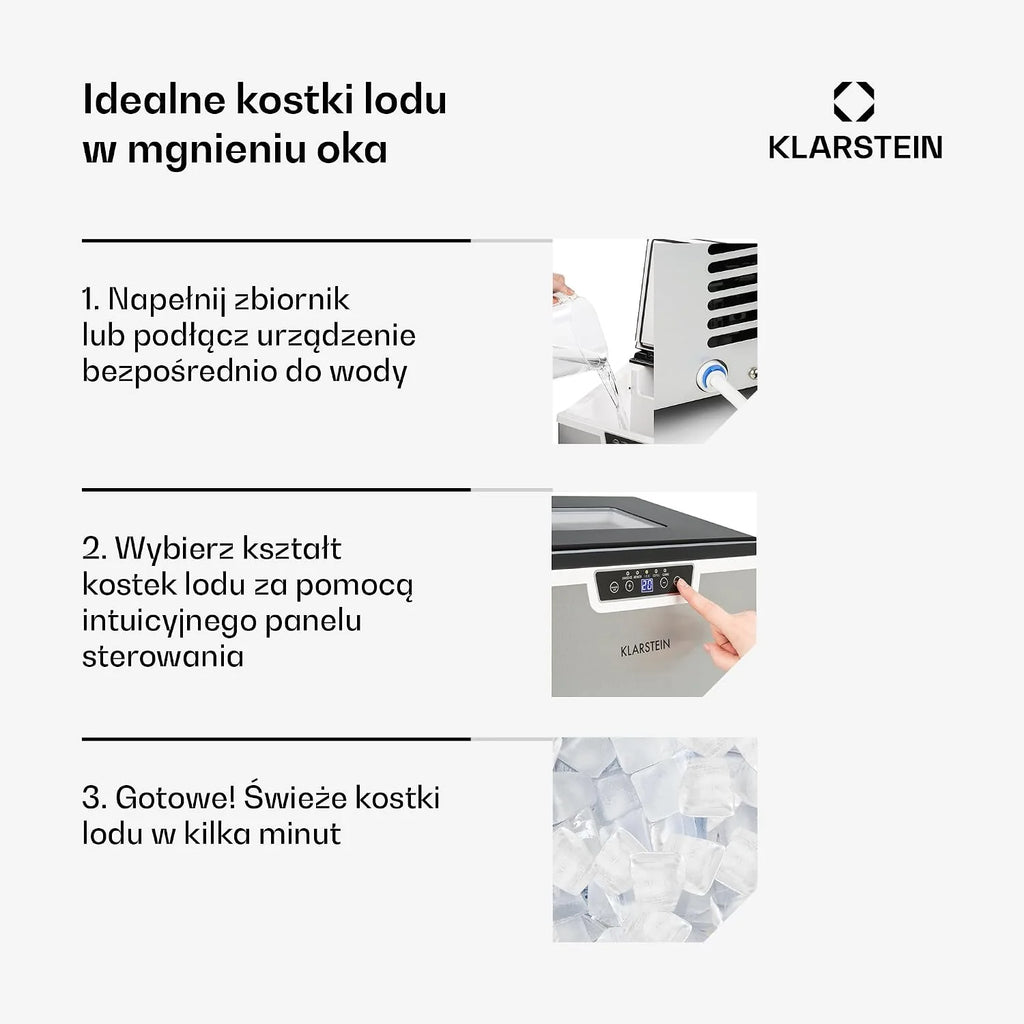 Klarstein Kostkarka do lodu Mała, 3L wytwornica lodu, Kostkarka na 20kg kruszonego i kostek, Mini Średniej wielkości kostki, Samoczyszcząca wytwornica