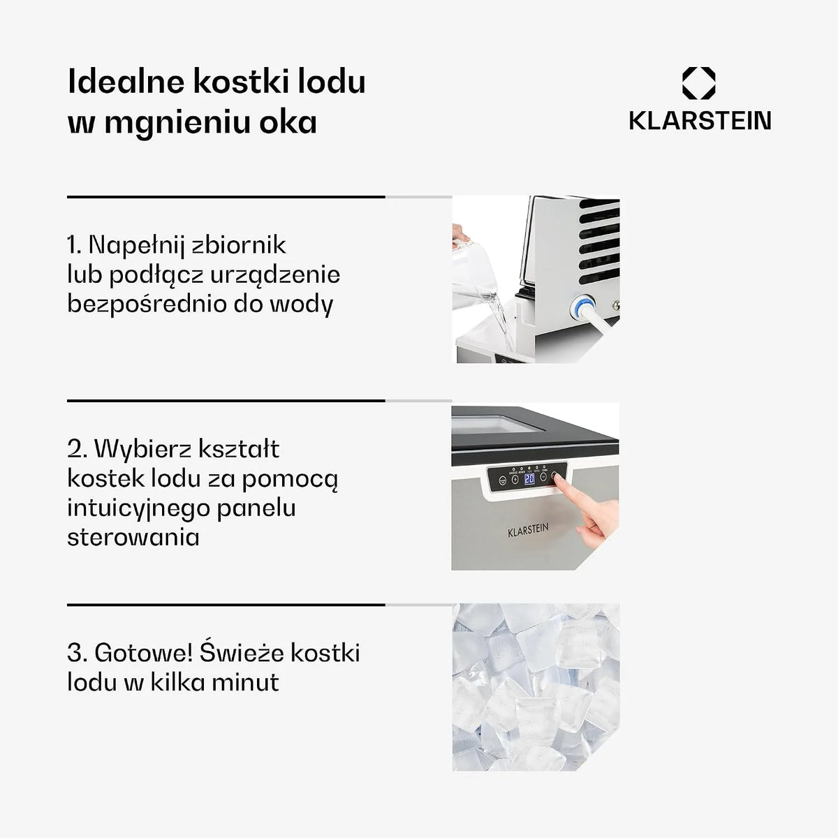 Klarstein Kostkarka do lodu Mała, 3L wytwornica lodu, Kostkarka na 20kg kruszonego i kostek, Mini Średniej wielkości kostki, Samoczyszcząca wytwornica