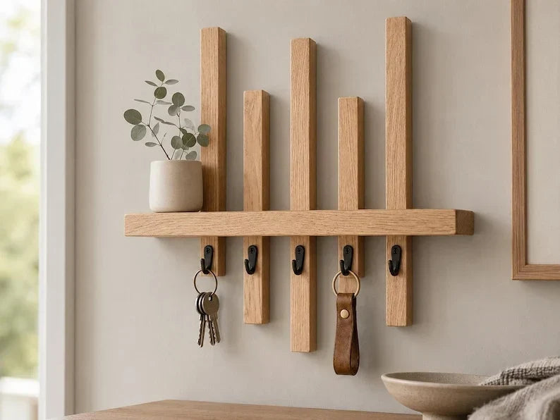 Estante de pared de roble macizo con ganchos negros, llavero para entrada, 35x30x9 cm, lacado mate