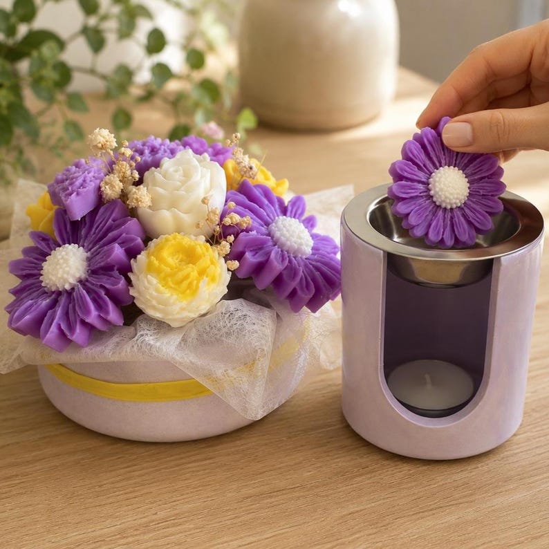 Ramo de flores de cera de soja perfumadas en maceta decorativa, hecho a mano, reutilizable