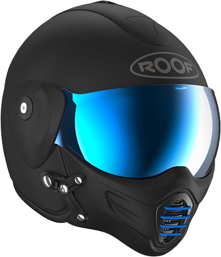 Casco de moto jet de alta gama ROOF Roadster de fibra de vidrio con mentonera magnética extraíble, pantalla iridio incluida – Color Iron negro mate/azul - Venta directa de fábrica - Garantía de 4 años