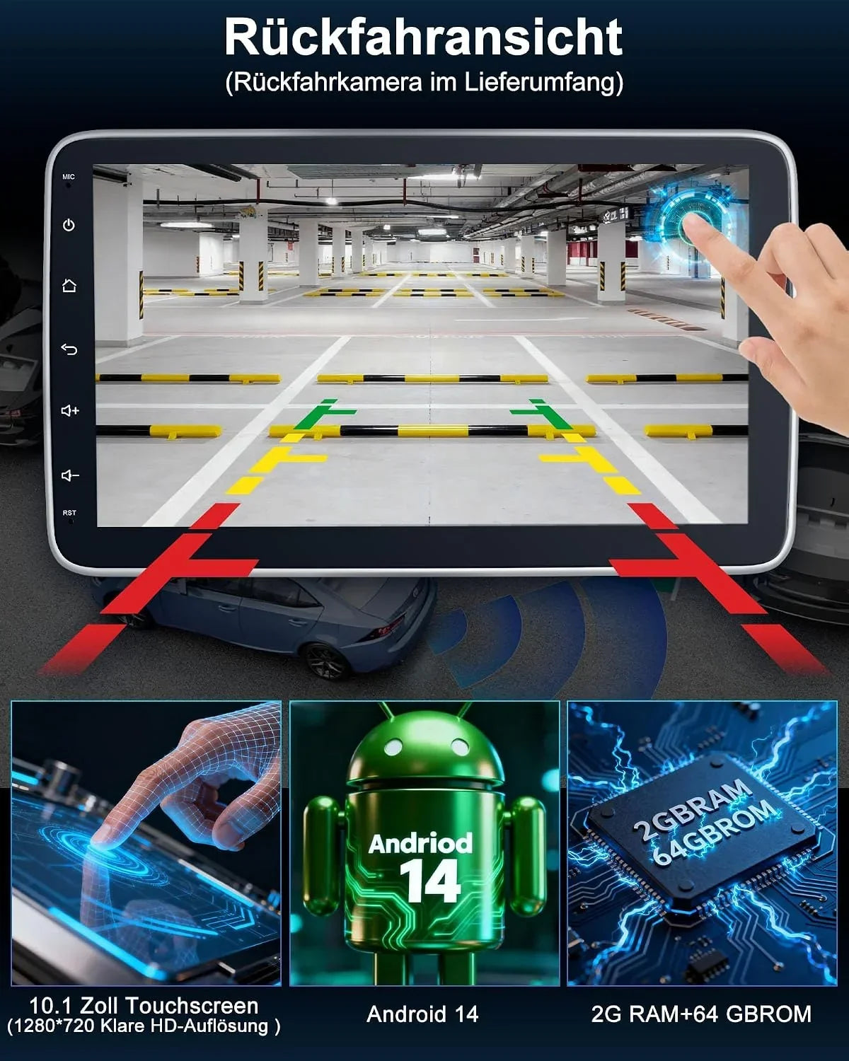 Autorradio 1 DIN con pantalla táctil de 10,1 pulgadas Android 14 2GB 64GB Bluetooth CarPlay Android Auto Navegación Cámara de visión trasera