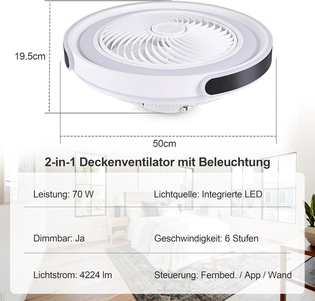 Ventilador de techo con iluminación y mando a distancia, regulable, lámpara de techo con ventilador y APP, silencioso, con temporizador - 6 velocidades, modo verano e invierno (blanco y negro)