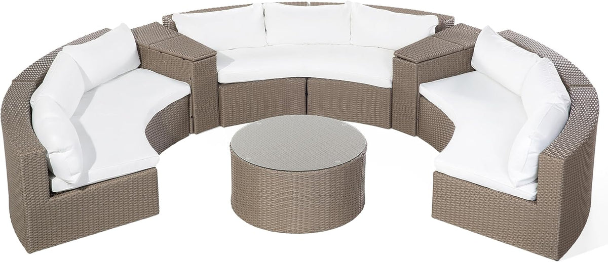 Conjunto lounge de 9 plazas Beliani de ratán marrón redondo con cojines blancos y mesa de centro Severo